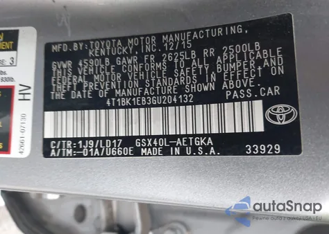 2016 Toyota Avalon Xle z USA, uszkodzony, nr VIN 4T1BK1EB3GU204132